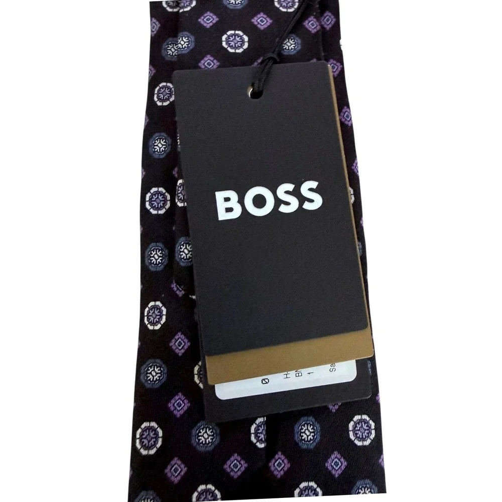 Hugo Boss‎ Mens Black Silk Tie Purple Diamond Print Narrow NWT